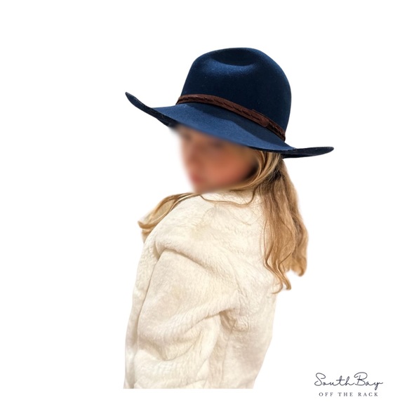 Rag & Bone Floppy Brim Fedora Hat Navy Blue and brown belt Size Medium - Picture 3 of 5